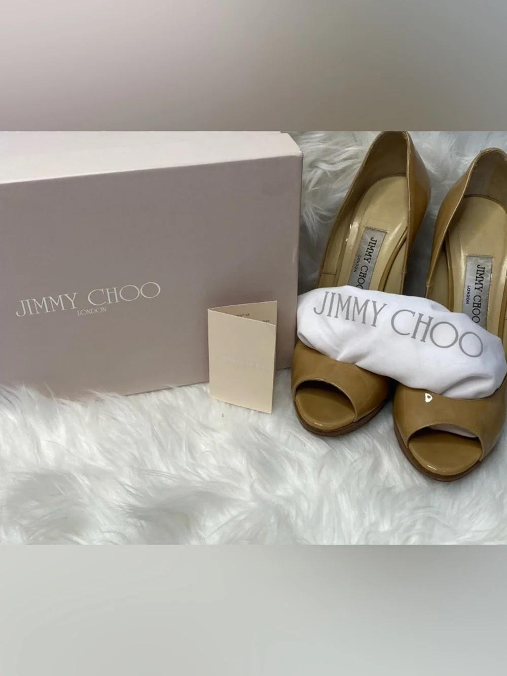 Jimmy Choo Nude Patent Leather Peep-Toe Pumps with Wooden Heels. Authentic - Picture 14 of 17